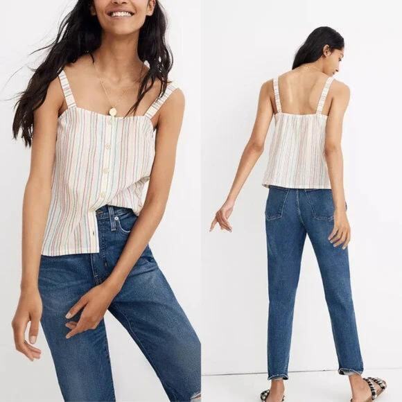 Madewell Tops - Madewell Button Front Rainbow Stripe Cami Tank Top Small Textural Embroidered
